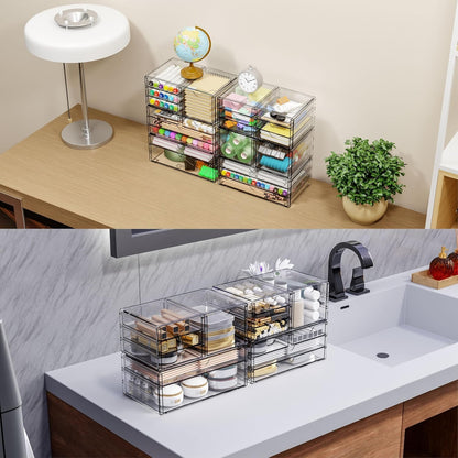 2 Pack Acrylic Storage Drawers With 6 Drawers,Stackable Desk Organizer and Makeup Organizer,Large Clear Office Supplies Organizer for Pen,Stationary,Palettes,Arts Craft Organizers and Storage