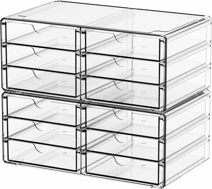 2 Pack Acrylic Storage Drawers With 6 Drawers,Stackable Desk Organizer and Makeup Organizer,Large Clear Office Supplies Organizer for Pen,Stationary,Palettes,Arts Craft Organizers and Storage