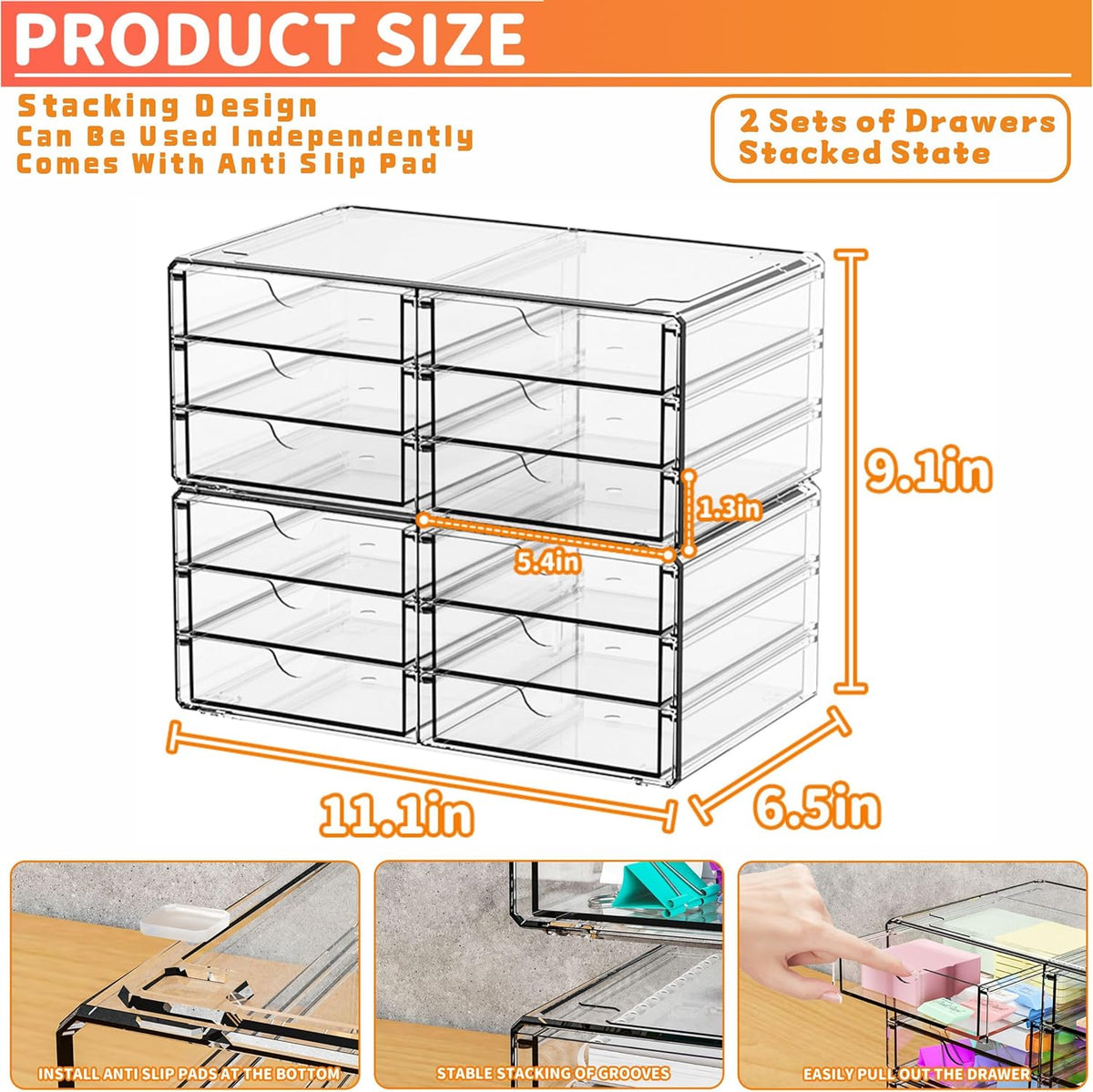 2 Pack Acrylic Storage Drawers With 6 Drawers,Stackable Desk Organizer and Makeup Organizer,Large Clear Office Supplies Organizer for Pen,Stationary,Palettes,Arts Craft Organizers and Storage