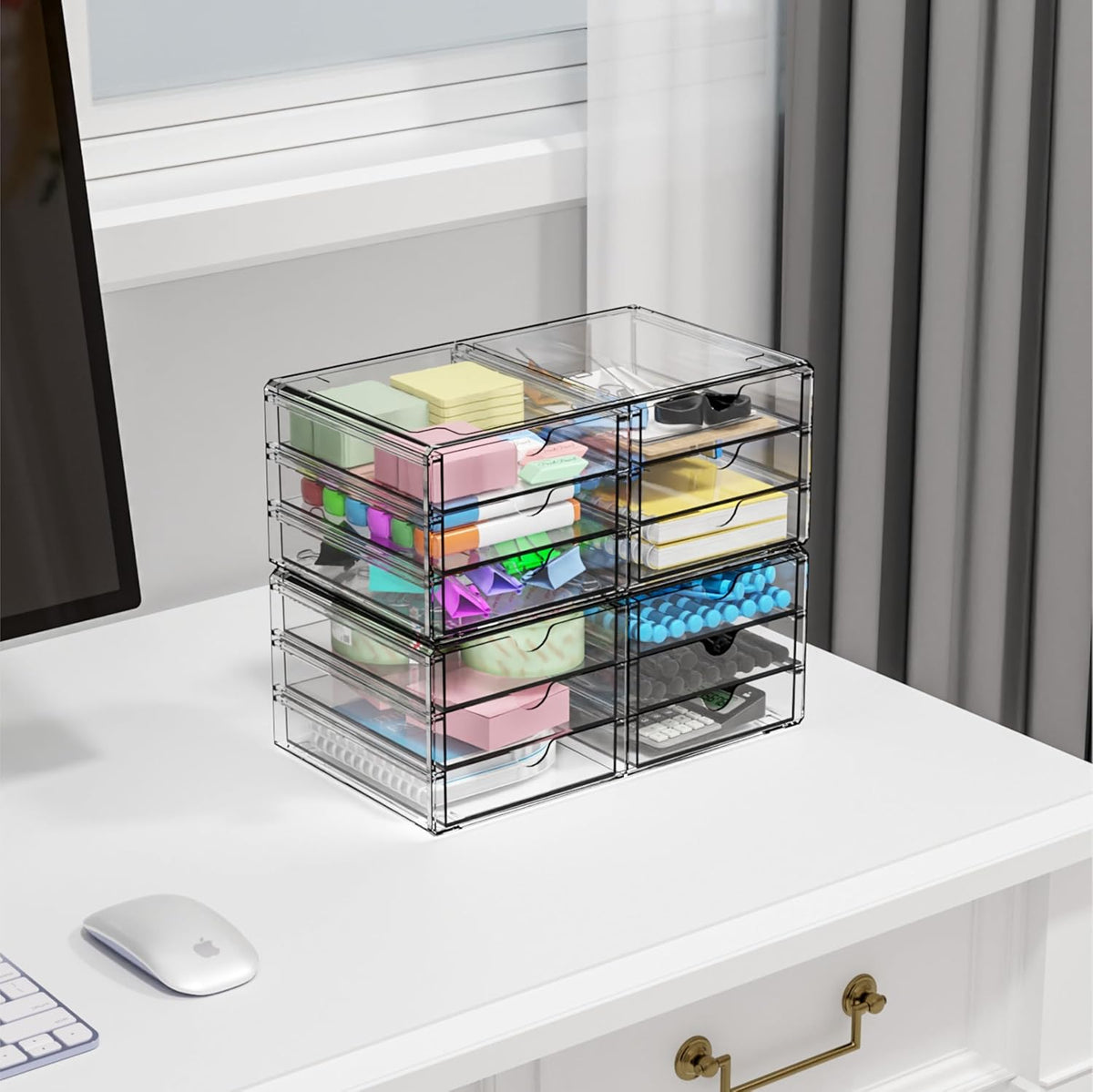 2 Pack Acrylic Storage Drawers With 6 Drawers,Stackable Desk Organizer and Makeup Organizer,Large Clear Office Supplies Organizer for Pen,Stationary,Palettes,Arts Craft Organizers and Storage