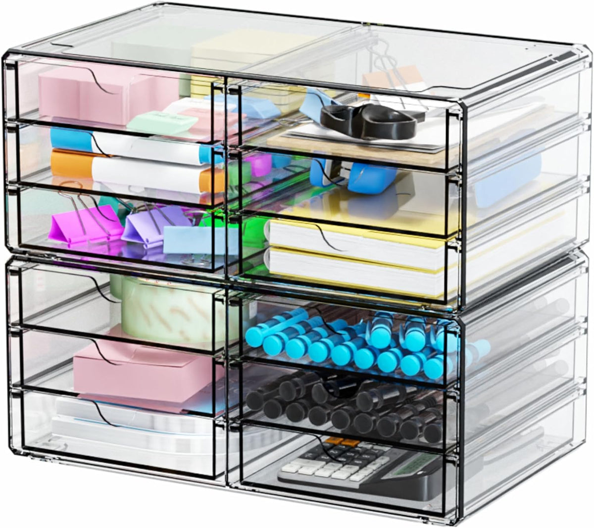 2 Pack Acrylic Storage Drawers With 6 Drawers,Stackable Desk Organizer and Makeup Organizer,Large Clear Office Supplies Organizer for Pen,Stationary,Palettes,Arts Craft Organizers and Storage