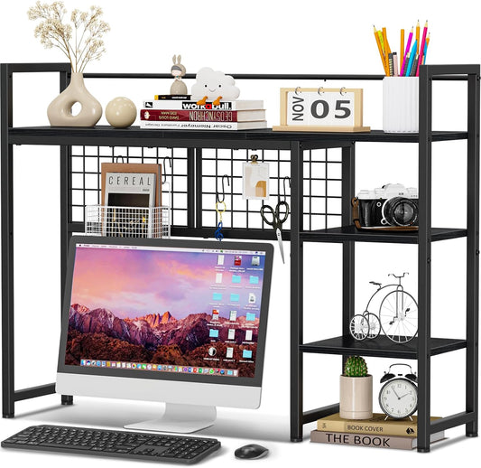 Desk Shelf, 38.6" Desktop Organizer Shelf, Desk Hutch for Computer Monitor, 4 Tier Desk Display Rack with Pegboard Hooks Set, Wood Desktop Bookshelf for Home Office Dorm, Black