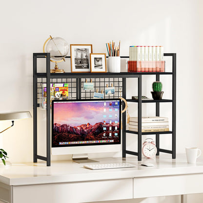 Desk Shelf, 38.6" Desktop Organizer Shelf, Desk Hutch for Computer Monitor, 4 Tier Desk Display Rack with Pegboard Hooks Set, Wood Desktop Bookshelf for Home Office Dorm, Black