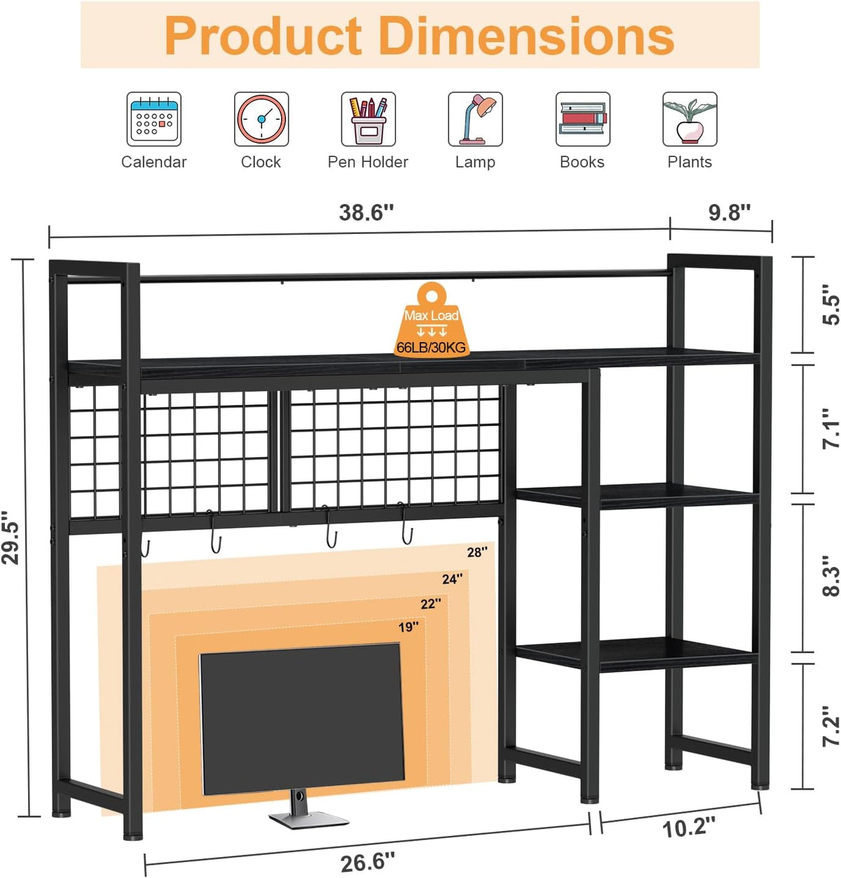 Desk Shelf, 38.6" Desktop Organizer Shelf, Desk Hutch for Computer Monitor, 4 Tier Desk Display Rack with Pegboard Hooks Set, Wood Desktop Bookshelf for Home Office Dorm, Black