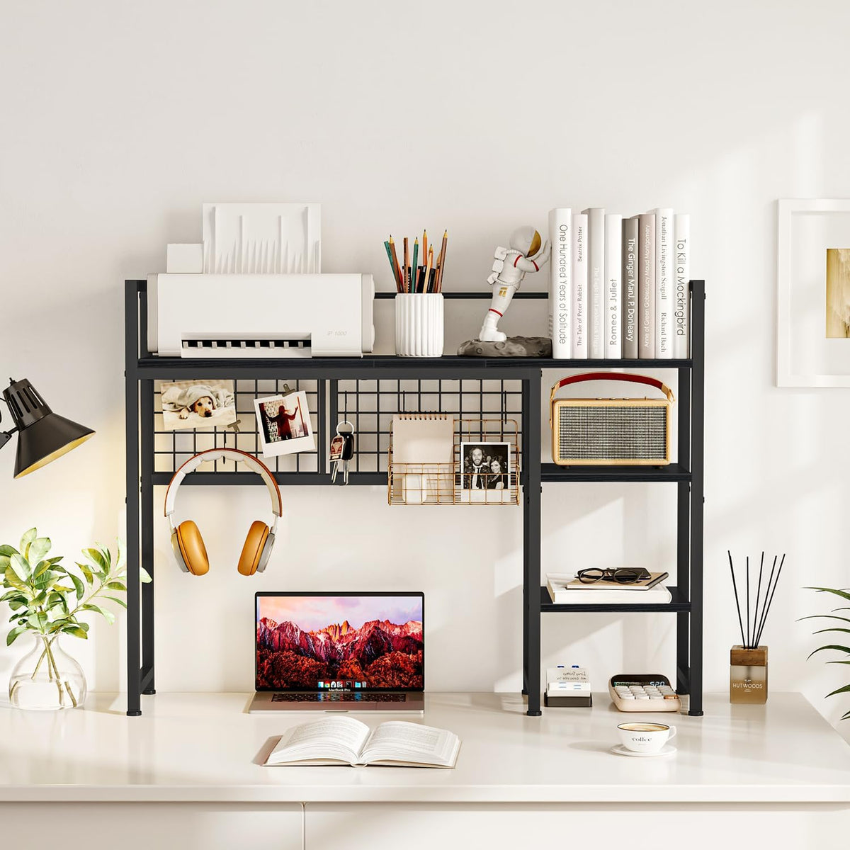 Desk Shelf, 38.6" Desktop Organizer Shelf, Desk Hutch for Computer Monitor, 4 Tier Desk Display Rack with Pegboard Hooks Set, Wood Desktop Bookshelf for Home Office Dorm, Black