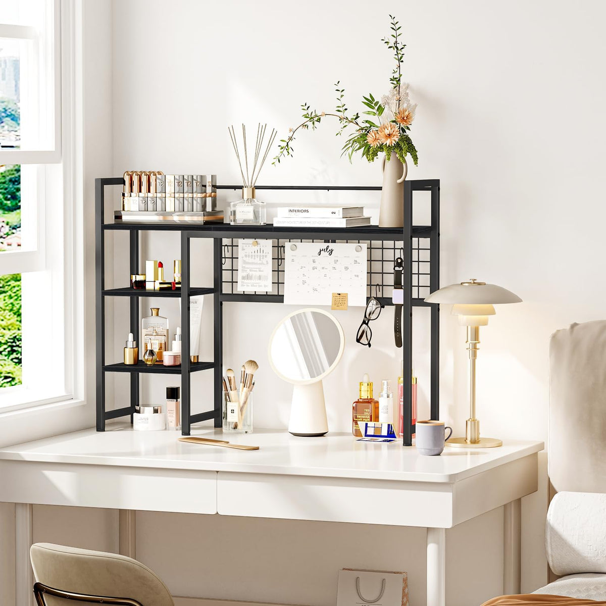 Desk Shelf, 38.6" Desktop Organizer Shelf, Desk Hutch for Computer Monitor, 4 Tier Desk Display Rack with Pegboard Hooks Set, Wood Desktop Bookshelf for Home Office Dorm, Black