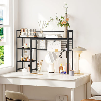 Desk Shelf, 38.6" Desktop Organizer Shelf, Desk Hutch for Computer Monitor, 4 Tier Desk Display Rack with Pegboard Hooks Set, Wood Desktop Bookshelf for Home Office Dorm, Black