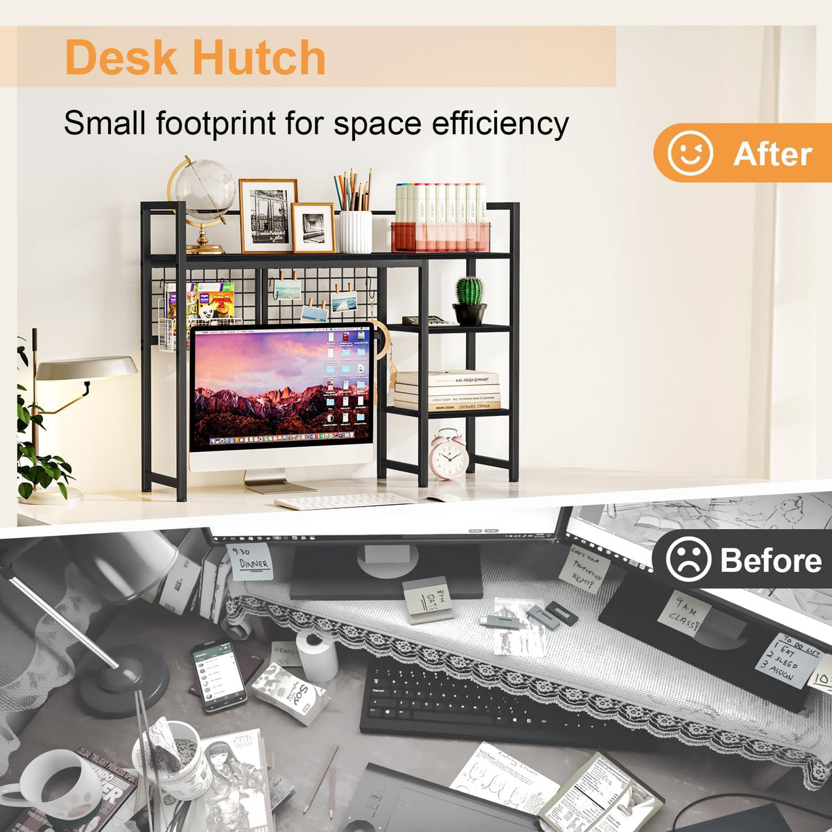 Desk Shelf, 38.6" Desktop Organizer Shelf, Desk Hutch for Computer Monitor, 4 Tier Desk Display Rack with Pegboard Hooks Set, Wood Desktop Bookshelf for Home Office Dorm, Black