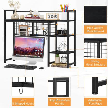 Desk Shelf, 38.6" Desktop Organizer Shelf, Desk Hutch for Computer Monitor, 4 Tier Desk Display Rack with Pegboard Hooks Set, Wood Desktop Bookshelf for Home Office Dorm, Black