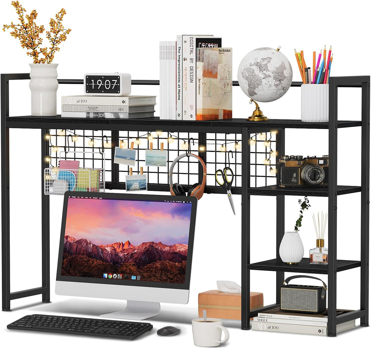 Desk Shelf, 38.6" Desktop Organizer Shelf, Desk Hutch for Computer Monitor, 4 Tier Desk Display Rack with Pegboard Hooks Set, Wood Desktop Bookshelf for Home Office Dorm, Black