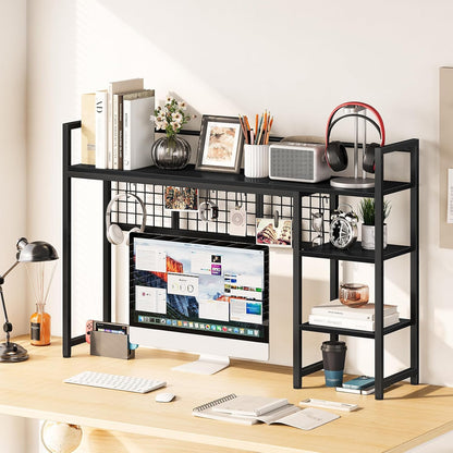 Desk Shelf, 38.6" Desktop Organizer Shelf, Desk Hutch for Computer Monitor, 4 Tier Desk Display Rack with Pegboard Hooks Set, Wood Desktop Bookshelf for Home Office Dorm, Black