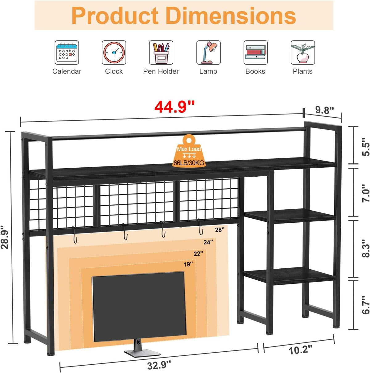 Desk Shelf, 38.6" Desktop Organizer Shelf, Desk Hutch for Computer Monitor, 4 Tier Desk Display Rack with Pegboard Hooks Set, Wood Desktop Bookshelf for Home Office Dorm, Black