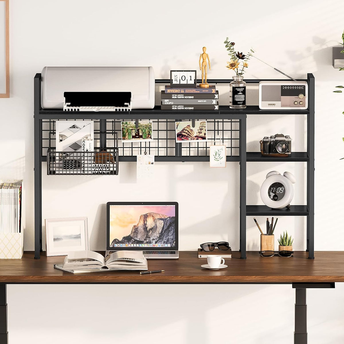 Desk Shelf, 38.6" Desktop Organizer Shelf, Desk Hutch for Computer Monitor, 4 Tier Desk Display Rack with Pegboard Hooks Set, Wood Desktop Bookshelf for Home Office Dorm, Black