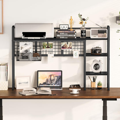 Desk Shelf, 38.6" Desktop Organizer Shelf, Desk Hutch for Computer Monitor, 4 Tier Desk Display Rack with Pegboard Hooks Set, Wood Desktop Bookshelf for Home Office Dorm, Black
