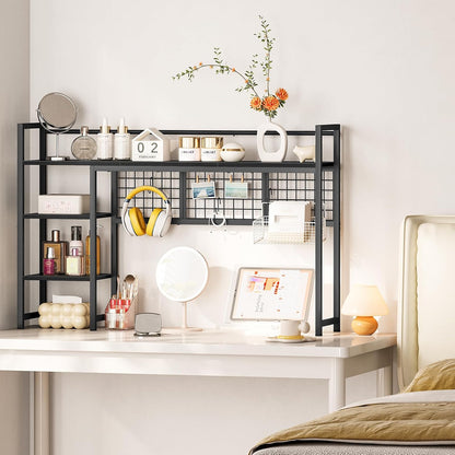 Desk Shelf, 38.6" Desktop Organizer Shelf, Desk Hutch for Computer Monitor, 4 Tier Desk Display Rack with Pegboard Hooks Set, Wood Desktop Bookshelf for Home Office Dorm, Black
