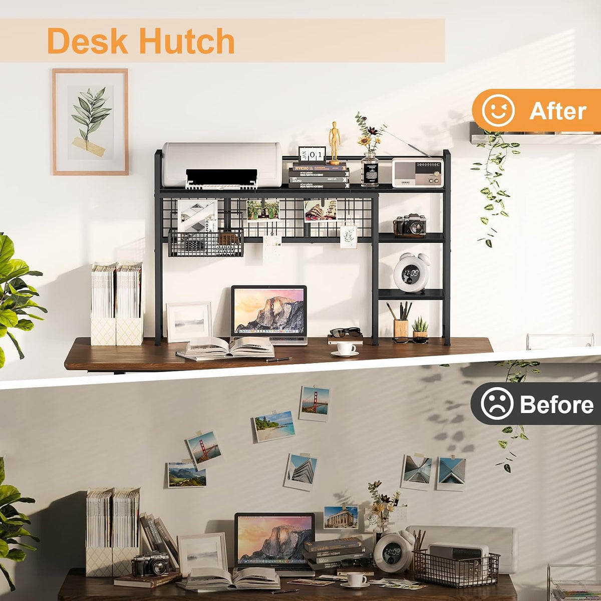 Desk Shelf, 38.6" Desktop Organizer Shelf, Desk Hutch for Computer Monitor, 4 Tier Desk Display Rack with Pegboard Hooks Set, Wood Desktop Bookshelf for Home Office Dorm, Black