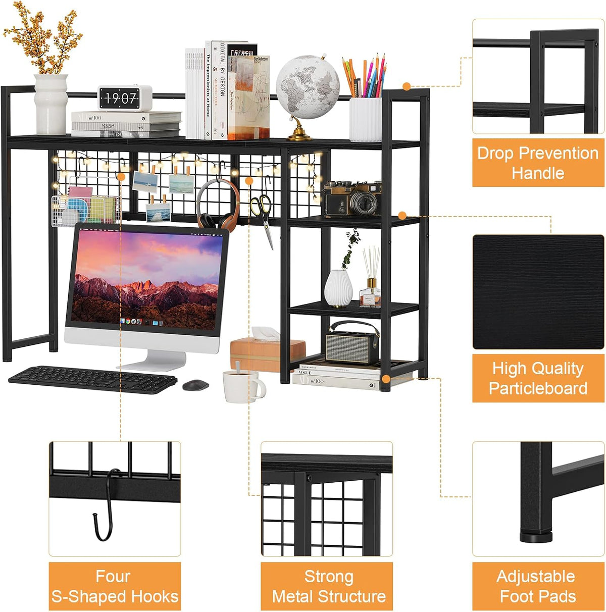 Desk Shelf, 38.6" Desktop Organizer Shelf, Desk Hutch for Computer Monitor, 4 Tier Desk Display Rack with Pegboard Hooks Set, Wood Desktop Bookshelf for Home Office Dorm, Black