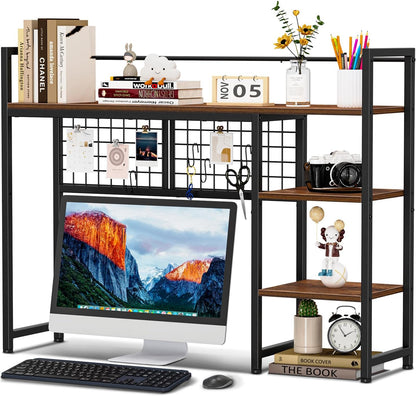 Desk Shelf, 38.6" Desktop Organizer Shelf, Desk Hutch for Computer Monitor, 4 Tier Desk Display Rack with Pegboard Hooks Set, Wood Desktop Bookshelf for Home Office Dorm, Black