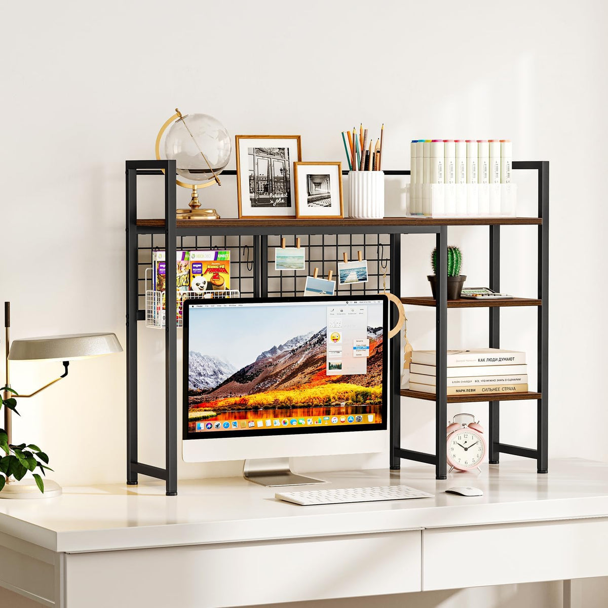 Desk Shelf, 38.6" Desktop Organizer Shelf, Desk Hutch for Computer Monitor, 4 Tier Desk Display Rack with Pegboard Hooks Set, Wood Desktop Bookshelf for Home Office Dorm, Black
