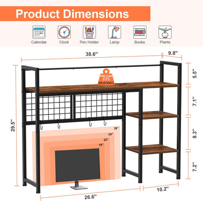 Desk Shelf, 38.6" Desktop Organizer Shelf, Desk Hutch for Computer Monitor, 4 Tier Desk Display Rack with Pegboard Hooks Set, Wood Desktop Bookshelf for Home Office Dorm, Black