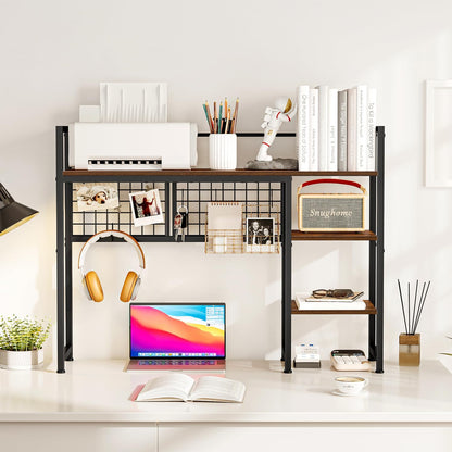 Desk Shelf, 38.6" Desktop Organizer Shelf, Desk Hutch for Computer Monitor, 4 Tier Desk Display Rack with Pegboard Hooks Set, Wood Desktop Bookshelf for Home Office Dorm, Black