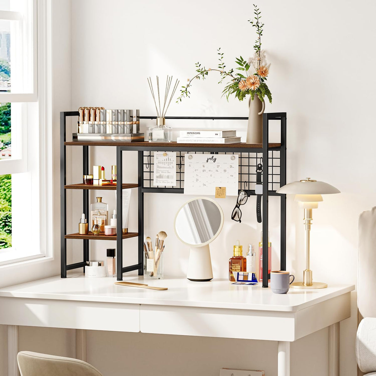 Desk Shelf, 38.6" Desktop Organizer Shelf, Desk Hutch for Computer Monitor, 4 Tier Desk Display Rack with Pegboard Hooks Set, Wood Desktop Bookshelf for Home Office Dorm, Black