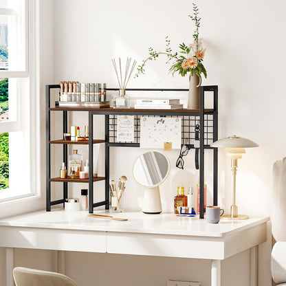 Desk Shelf, 38.6" Desktop Organizer Shelf, Desk Hutch for Computer Monitor, 4 Tier Desk Display Rack with Pegboard Hooks Set, Wood Desktop Bookshelf for Home Office Dorm, Black