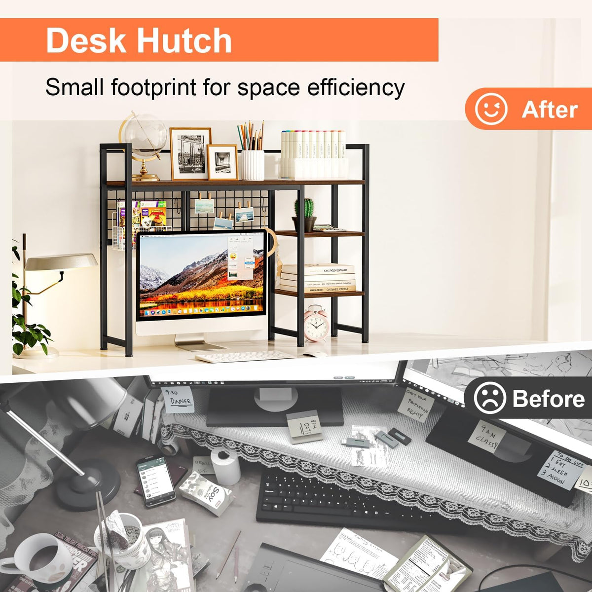 Desk Shelf, 38.6" Desktop Organizer Shelf, Desk Hutch for Computer Monitor, 4 Tier Desk Display Rack with Pegboard Hooks Set, Wood Desktop Bookshelf for Home Office Dorm, Black