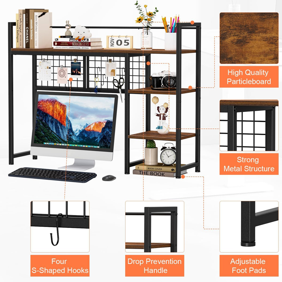 Desk Shelf, 38.6" Desktop Organizer Shelf, Desk Hutch for Computer Monitor, 4 Tier Desk Display Rack with Pegboard Hooks Set, Wood Desktop Bookshelf for Home Office Dorm, Black