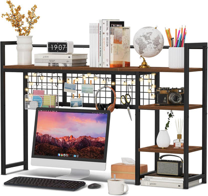 Desk Shelf, 38.6" Desktop Organizer Shelf, Desk Hutch for Computer Monitor, 4 Tier Desk Display Rack with Pegboard Hooks Set, Wood Desktop Bookshelf for Home Office Dorm, Black