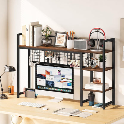 Desk Shelf, 38.6" Desktop Organizer Shelf, Desk Hutch for Computer Monitor, 4 Tier Desk Display Rack with Pegboard Hooks Set, Wood Desktop Bookshelf for Home Office Dorm, Black