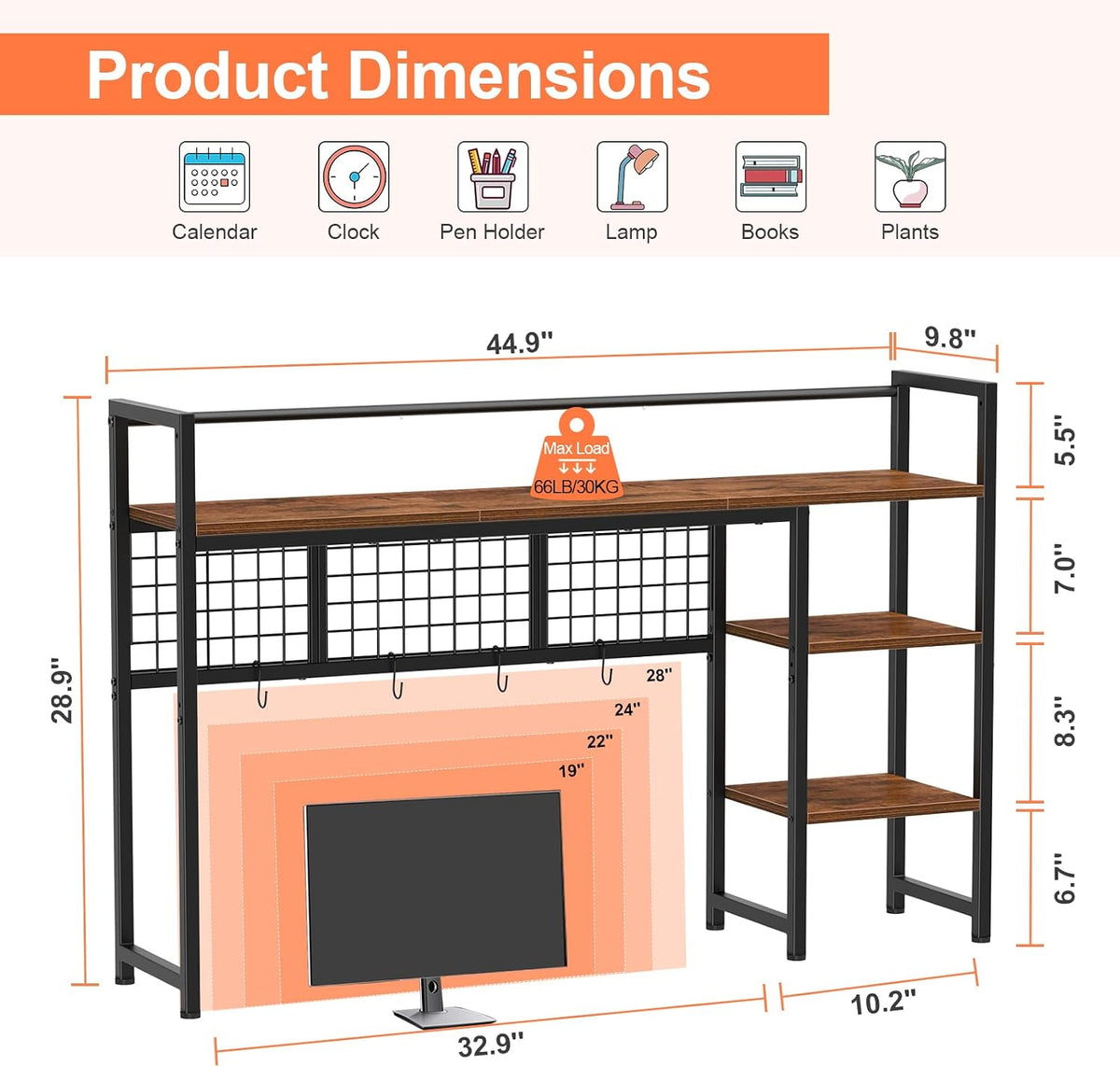 Desk Shelf, 38.6" Desktop Organizer Shelf, Desk Hutch for Computer Monitor, 4 Tier Desk Display Rack with Pegboard Hooks Set, Wood Desktop Bookshelf for Home Office Dorm, Black