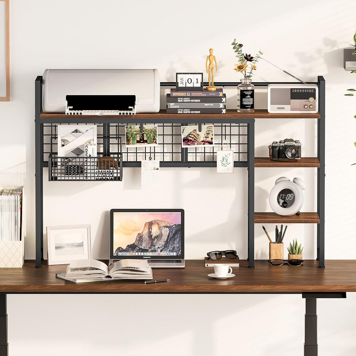 Desk Shelf, 38.6" Desktop Organizer Shelf, Desk Hutch for Computer Monitor, 4 Tier Desk Display Rack with Pegboard Hooks Set, Wood Desktop Bookshelf for Home Office Dorm, Black