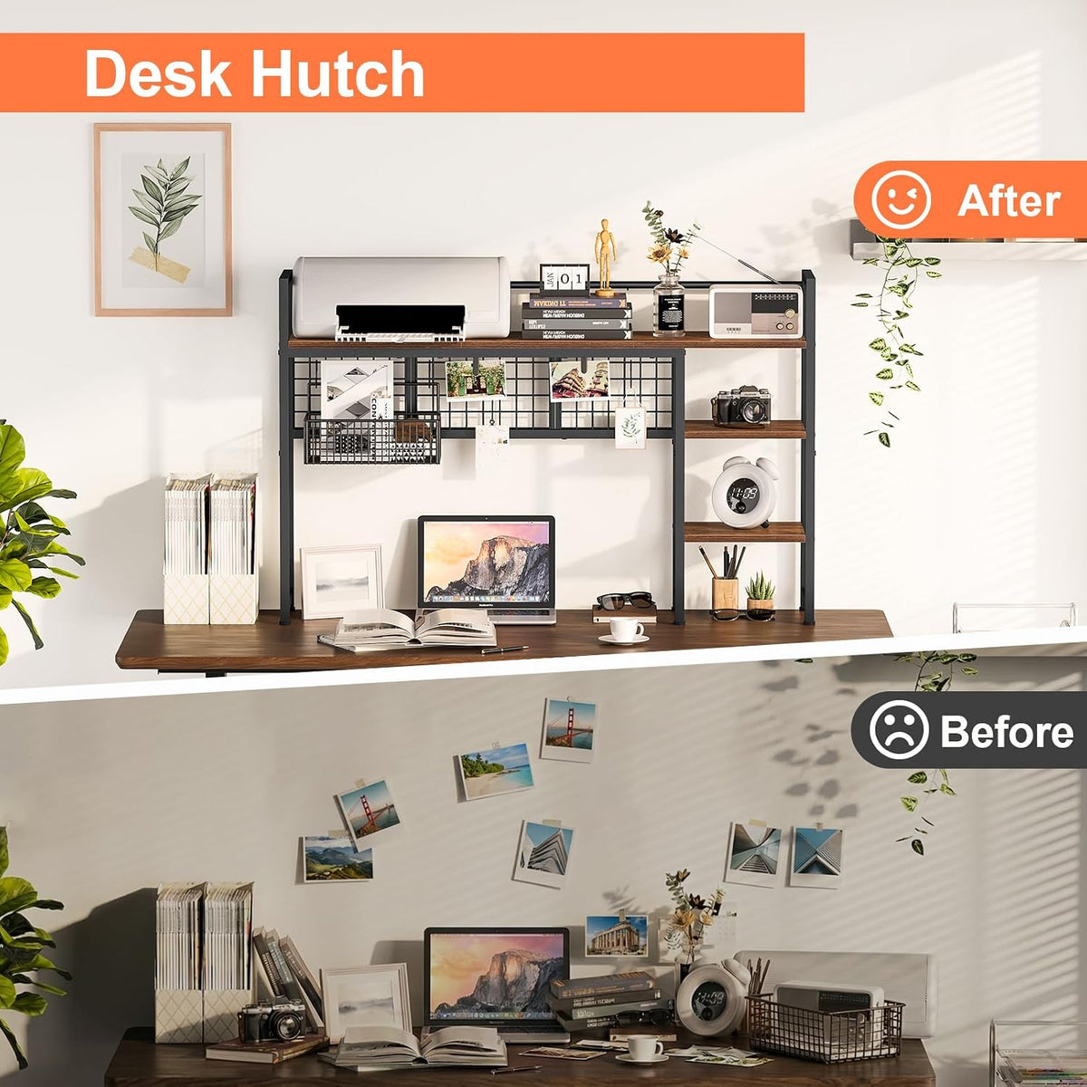 Desk Shelf, 38.6" Desktop Organizer Shelf, Desk Hutch for Computer Monitor, 4 Tier Desk Display Rack with Pegboard Hooks Set, Wood Desktop Bookshelf for Home Office Dorm, Black