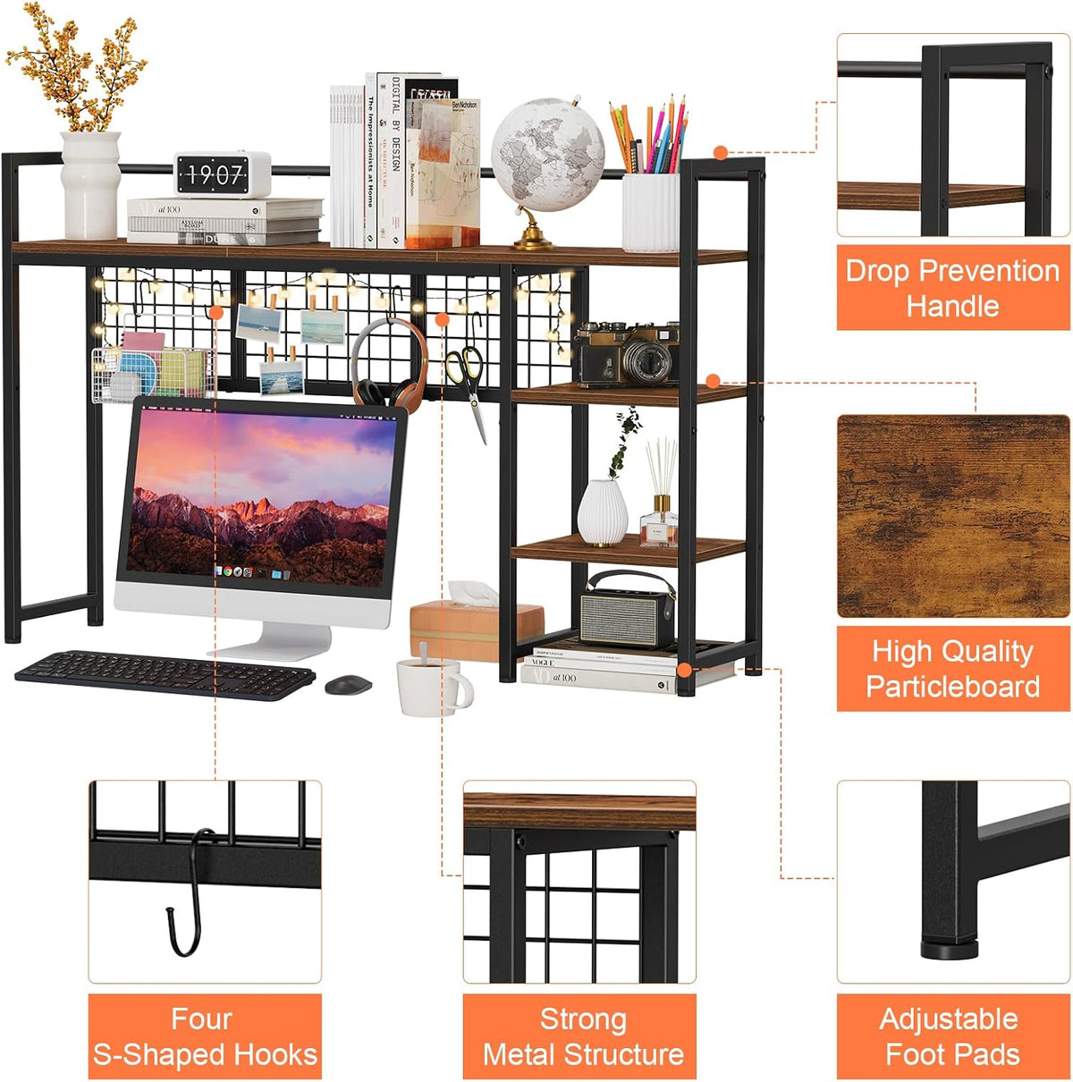 Desk Shelf, 38.6" Desktop Organizer Shelf, Desk Hutch for Computer Monitor, 4 Tier Desk Display Rack with Pegboard Hooks Set, Wood Desktop Bookshelf for Home Office Dorm, Black