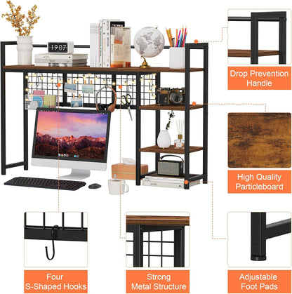 Desk Shelf, 38.6" Desktop Organizer Shelf, Desk Hutch for Computer Monitor, 4 Tier Desk Display Rack with Pegboard Hooks Set, Wood Desktop Bookshelf for Home Office Dorm, Black
