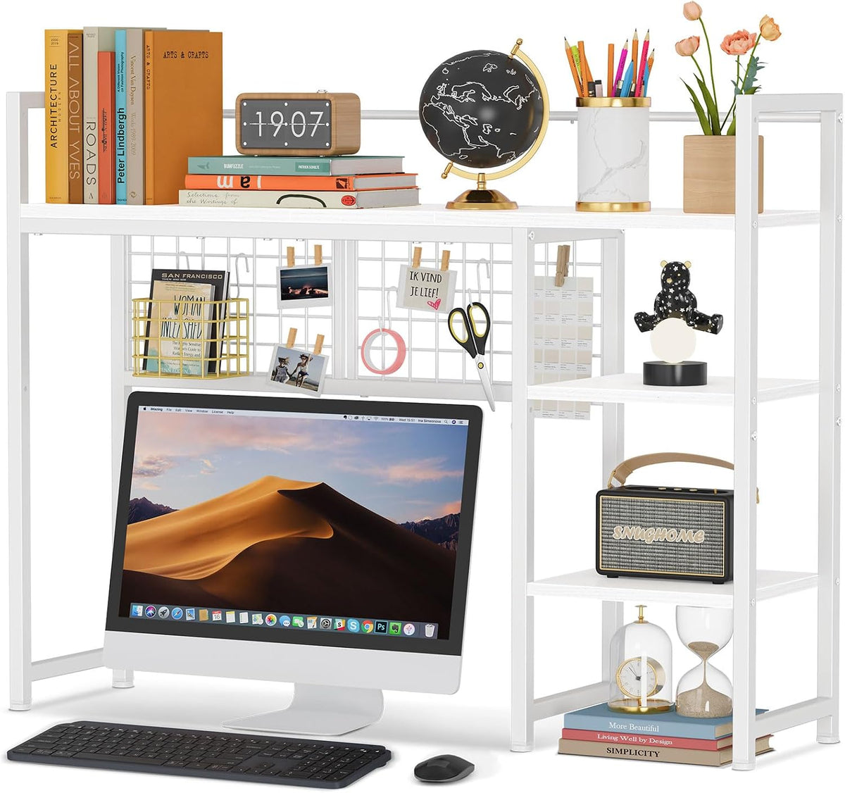 Desk Shelf, 38.6" Desktop Organizer Shelf, Desk Hutch for Computer Monitor, 4 Tier Desk Display Rack with Pegboard Hooks Set, Wood Desktop Bookshelf for Home Office Dorm, Black