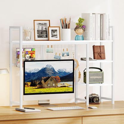 Desk Shelf, 38.6" Desktop Organizer Shelf, Desk Hutch for Computer Monitor, 4 Tier Desk Display Rack with Pegboard Hooks Set, Wood Desktop Bookshelf for Home Office Dorm, Black