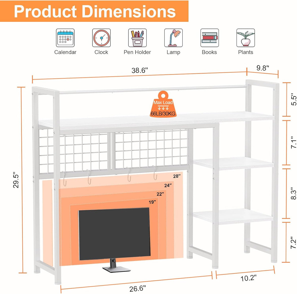 Desk Shelf, 38.6" Desktop Organizer Shelf, Desk Hutch for Computer Monitor, 4 Tier Desk Display Rack with Pegboard Hooks Set, Wood Desktop Bookshelf for Home Office Dorm, Black