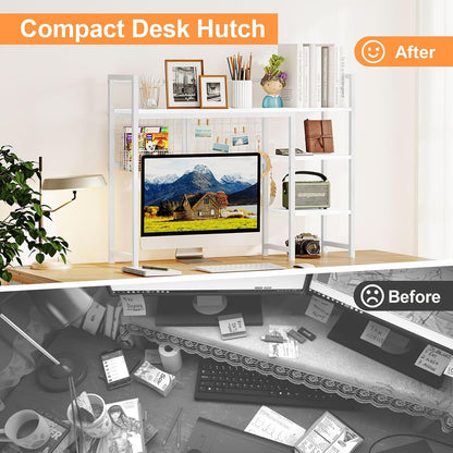 Desk Shelf, 38.6" Desktop Organizer Shelf, Desk Hutch for Computer Monitor, 4 Tier Desk Display Rack with Pegboard Hooks Set, Wood Desktop Bookshelf for Home Office Dorm, Black
