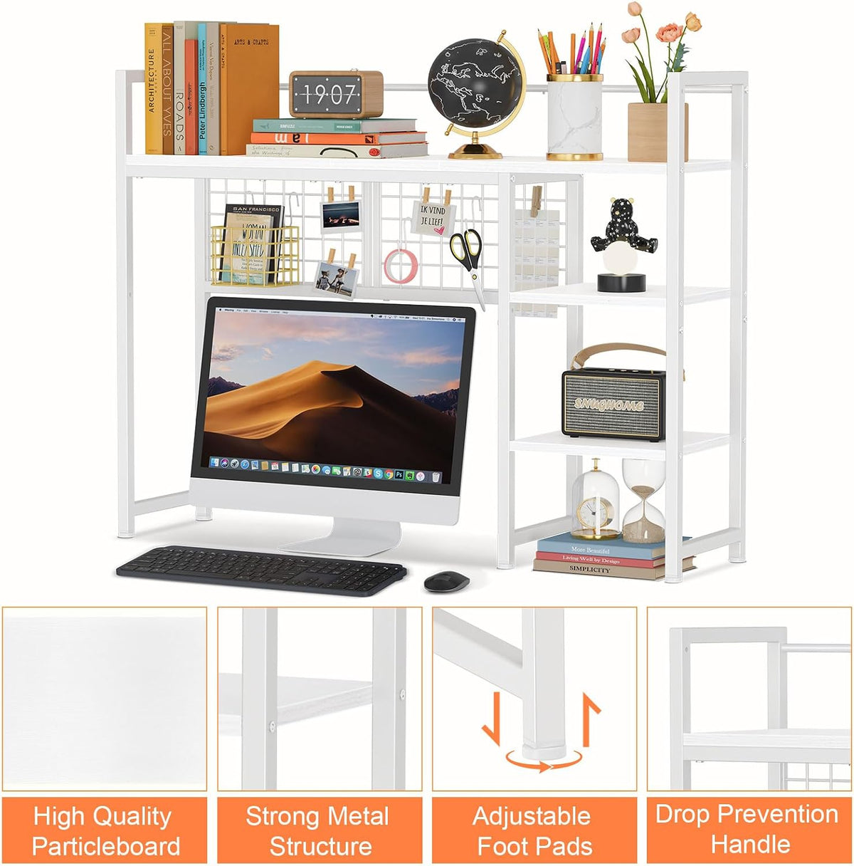 Desk Shelf, 38.6" Desktop Organizer Shelf, Desk Hutch for Computer Monitor, 4 Tier Desk Display Rack with Pegboard Hooks Set, Wood Desktop Bookshelf for Home Office Dorm, Black