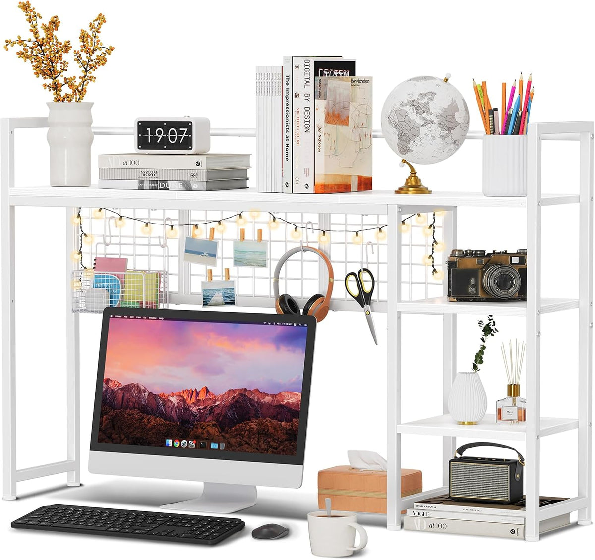Desk Shelf, 38.6" Desktop Organizer Shelf, Desk Hutch for Computer Monitor, 4 Tier Desk Display Rack with Pegboard Hooks Set, Wood Desktop Bookshelf for Home Office Dorm, Black
