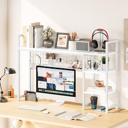 Desk Shelf, 38.6" Desktop Organizer Shelf, Desk Hutch for Computer Monitor, 4 Tier Desk Display Rack with Pegboard Hooks Set, Wood Desktop Bookshelf for Home Office Dorm, Black