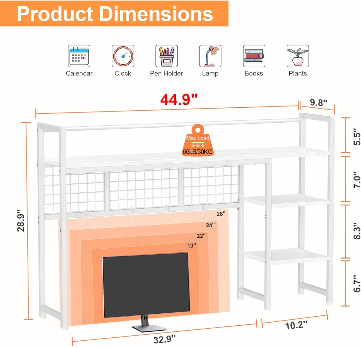 Desk Shelf, 38.6" Desktop Organizer Shelf, Desk Hutch for Computer Monitor, 4 Tier Desk Display Rack with Pegboard Hooks Set, Wood Desktop Bookshelf for Home Office Dorm, Black