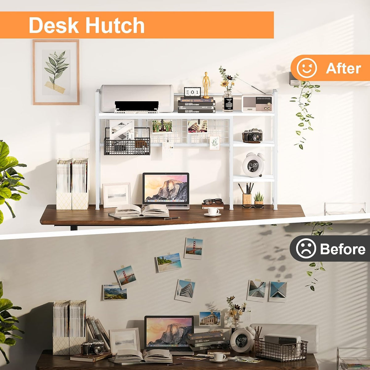 Desk Shelf, 38.6" Desktop Organizer Shelf, Desk Hutch for Computer Monitor, 4 Tier Desk Display Rack with Pegboard Hooks Set, Wood Desktop Bookshelf for Home Office Dorm, Black