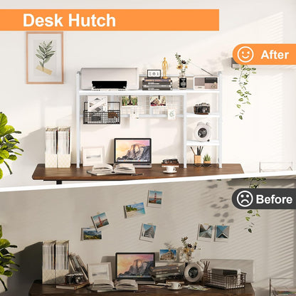 Desk Shelf, 38.6" Desktop Organizer Shelf, Desk Hutch for Computer Monitor, 4 Tier Desk Display Rack with Pegboard Hooks Set, Wood Desktop Bookshelf for Home Office Dorm, Black