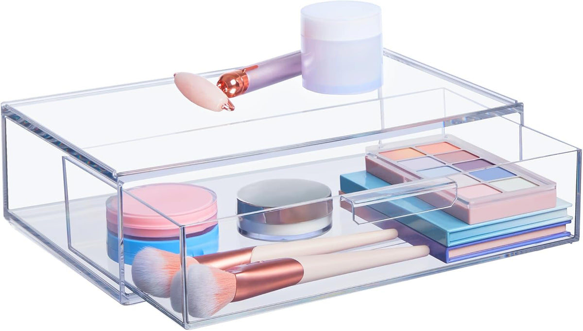Audrey Stackable Clear Bin Plastic Organizer Drawer | Organize Eyeshadow Palettes, Cosmetics, and Beauty Supplies on a Vanity | Made in USA