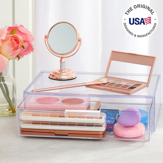 Audrey Stackable Clear Bin Plastic Organizer Drawer | Organize Eyeshadow Palettes, Cosmetics, and Beauty Supplies on a Vanity | Made in USA