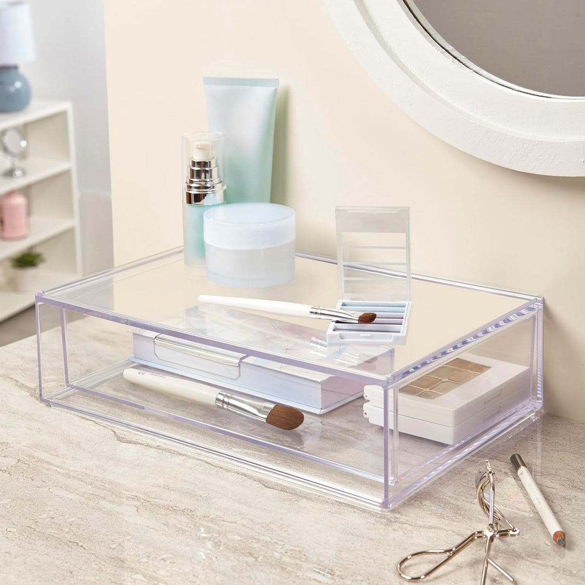 Audrey Stackable Clear Bin Plastic Organizer Drawer | Organize Eyeshadow Palettes, Cosmetics, and Beauty Supplies on a Vanity | Made in USA