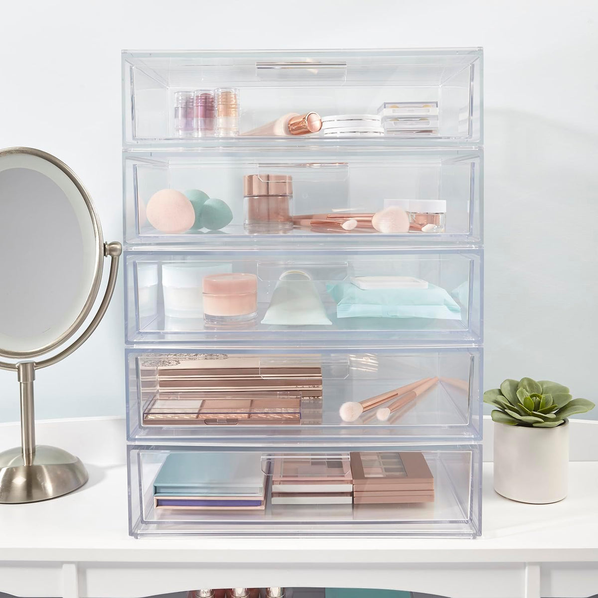 Audrey Stackable Clear Bin Plastic Organizer Drawer | Organize Eyeshadow Palettes, Cosmetics, and Beauty Supplies on a Vanity | Made in USA
